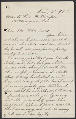 Sacco-Vanzetti Case Records, 1920-1928. Correspondence. Bartolomeo Vanzetti to William G. Thompson, February 8, 1926. Box 40, Folder 99, Harvard Law School Library, Historical & Special Collections