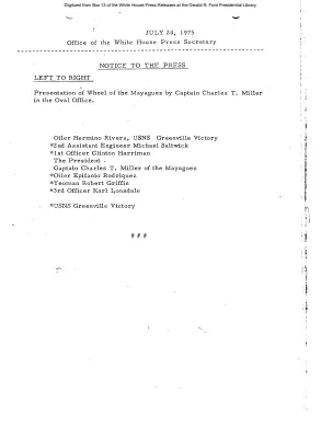 Presentation of the Wheel of Mayaguez by Captain Charles T. Miller in the Oval Office [Meeting Attendee List]