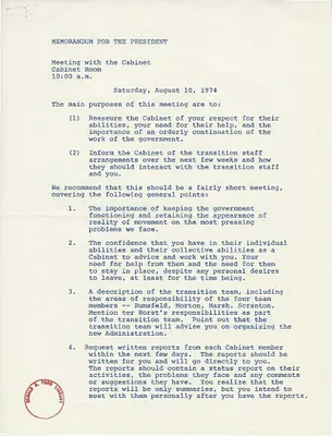 Memorandum for President Gerald R. Ford Regarding the First Cabinet Meeting of His Administration