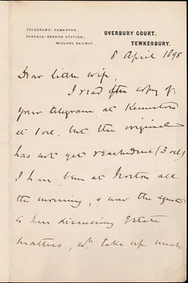 [John Biddulph Martin] autograph note signed to [Victoria Woodhull Martin], Tewkesbury, [England], April 8, 1895