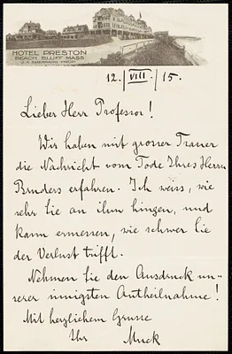 Muck, Karl, 1859-1940 autograph letter signed to Hugo Münsterberg, Beach Bluff, Mass., 12 August 1915
