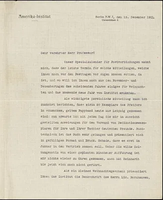 Drechsler, Robert Walter, fl. 1913 typed letter signed to Hugo Münsterberg, Berlin, 13 December 1911