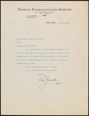 Otto Zander (Verband Internationaler Arbeiter) typed note signed to Sacco-Vanzetti Defense Committee, New York, N.Y., June 4, 1927