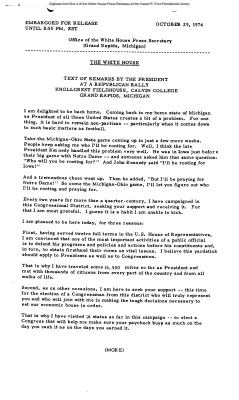 Text of Remarks by the President at a Republican Rally, Knollcrest Fieldhouse, Calvin College, Grand Rapids, Michigan [Ford Speech or Statement]