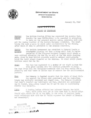Memorandum, State Department Summary of Telegrams