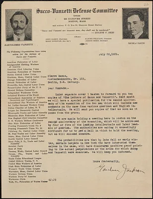 Gardner Jackson typed letter signed to Pierre Ramus, Boston, Mass., July 30, 1929