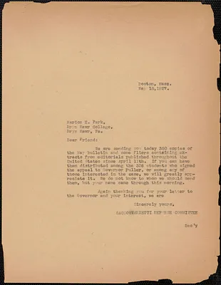 Sacco-Vanzetti Defense Committee typed letter (copy) to Marion Park, Boston, Mass., May 18, 1927