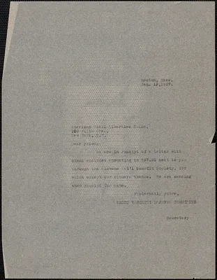 Sacco-Vanzetti Defense Committee typed note (copy) to American Civil Liberties Union, Boston, Mass., January 19, 1927
