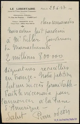 Pierre Odeon (Le Libertaire) autograph note signed, in French, to Sacco-Vanzeti Defnese Committee, Paris, France, June 29, 1927