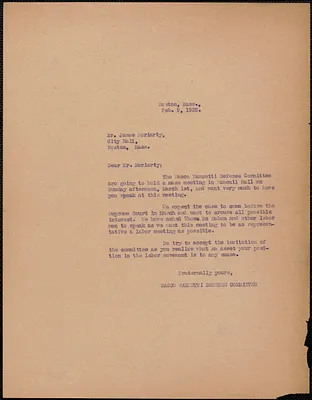 Sacco-Vanzetti Defense Committee typed letter (copy) to James Moriarty, Boston, Mass., February 9, 1925