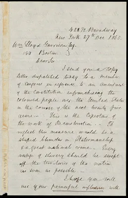 Letter from John Birney, 422 1/2 Broadway, New York, to William Lloyd Garrison, 27th Dec. 1865