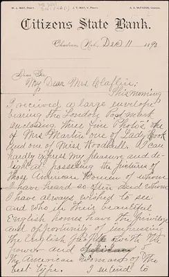 Marie E. McFadon autograph letter signed to [Victoria Woodhull Martin], Chadron, Neb., December 11. 1890