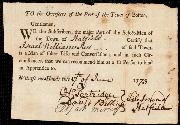 Elizabeth McColloch indentured to apprentice with Israel Williams, Jr. of Hatfield, 22 June 1773
