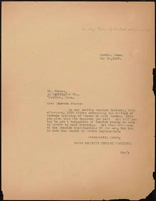 Sacco-Vanzetti Defense Committee typed note (copy) to [S.] Piesco, Boston, Mass., May 26, 1927