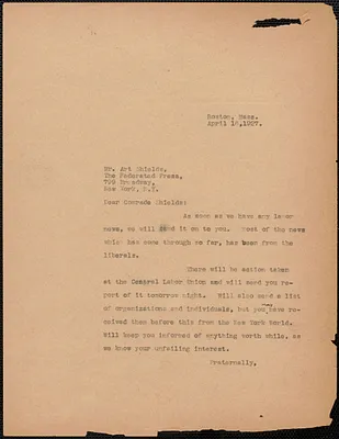 Sacco-Vanzetti Defense Committee typed letter (copy) to Art Shields (The Federated Press), Boston, Mass., April 16, 1927