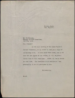 Mary Donovan typed note (copy) to Ed Delaney (General Defense Committee), Boston, Mass., October 24, 1927