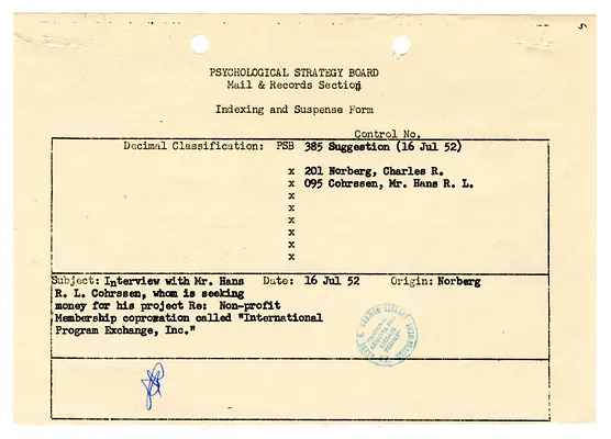 Indexing Form re Hans R. L. Cohrssen, with Attached Memorandum