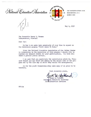 Letter to Former President Harry S. Truman from Frank W. Hubbard