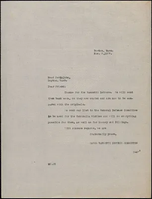 Mary Donovan (Sacco-Vanzetti Defense Committee) typed letter (copy) to Maude Pettyjohn, Boston, Mass., November 2, 1927