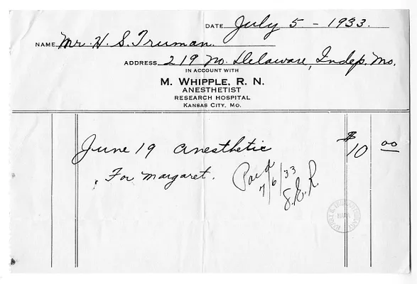 Bill from M. Whipple, Research Hospital