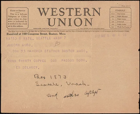 Ed Deleny telegram to Sacco-Vanzetti Defense Committee, Seattle, Wash., May 8, 1927