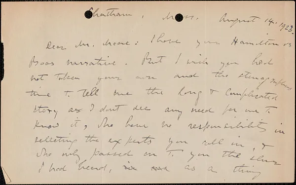 Elizabeth G[lendower] Evans autograph letter signed to [Fred H.] Moore, Chatham. Mass., August 14, 1923