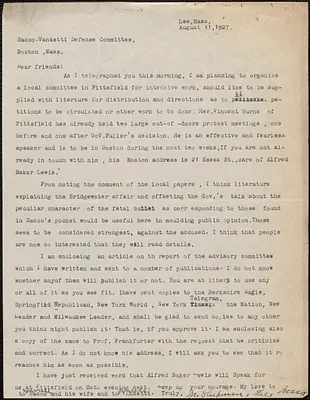 Margaret Shipman typed letter signed to Sacco-Vanzetti Defense Committee, Lee, Mass., August 11, 1927
