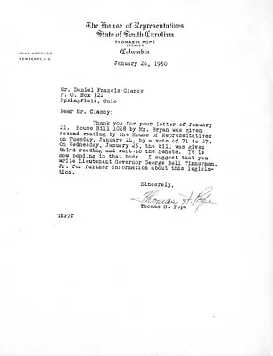 Letter from Thomas Pope to Daniel F. Clancy