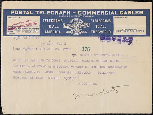 Alfonso Coniglio telegram, in Italian, to Sacco-Vanzetti Defense Committee, Tampa, Fla., August 12, 1927