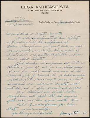 Vincenzo Palmieri (Lega Amtofascosta) autograph letter signed to Sacco-Vanzetti Defense Committee, Pittsburgh, Pa., June 29, 1926