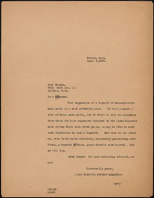 Sacco-Vanzetti Defense Committee typed note (copy) to Carl Bramin, Boston, Mass., September 9, 1927