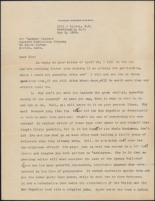 Charles Edward Russell typed letter signed to Gardner Jackson, Washington, D. C., May 5, 1929