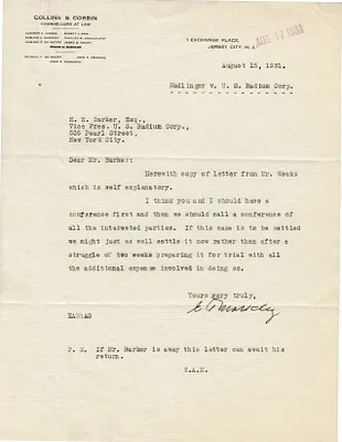 Letters Received to H.H. Barker, August 15, 1931