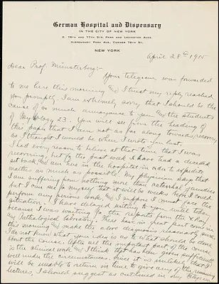 Adler, Herman M. (Herman Morris), 1876-1935 autograph letter signed to Hugo Münsterberg, New York, 28 April 1915