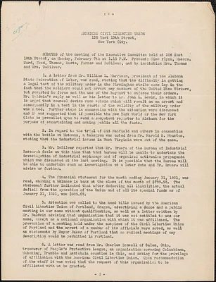 American Civil Liberties Union typed minutes, New York, N. Y., February 7, [1921]