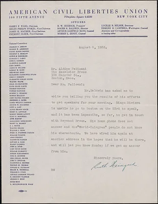 Ruth Weingard (American Civil Liberties Union) typed letter signed to Aldino Felicani, New York, N. Y., August 5, 1933