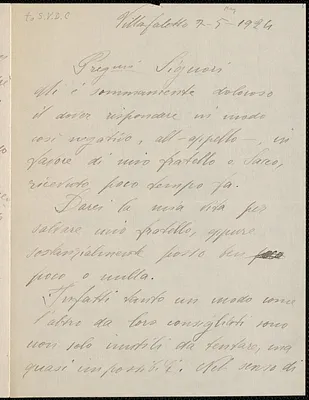Luigia Vanzetti autograph letter signed, in Italian, to Sacco-Vanzetti Defense Commtttee, Villafalletto, Italy, May 7, 1924