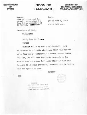 Telegram from Jefferson Caffery to Secrertary of State Edward Stettinius