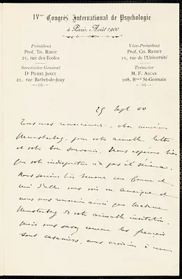 Janet, Pierre, 1859-1947 autograph letter signed to Hugo Münsterberg, Paris, 29 September 1900