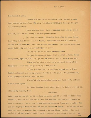 Bartolomeo Vanzetti typed letter (copy) to Mary Donovan, [Charlestown], 8 February 1926