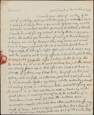 Letter from Abigail Adams, Philadelphia, to Cotton Tufts about the addition of a dairy room, 1797 December 6