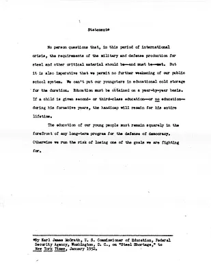 Statement from United States Commissioner of Education Earl James McGrath to the New York Times
