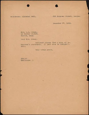 [Fred H. Moore] typed note (copy) to E[lizabeth] G[lendower] Evans, Boston, Mass., December 27, 1923