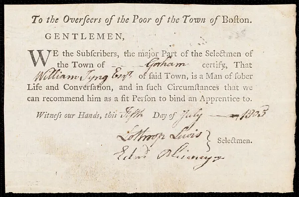 Maynard Chew indentured to apprentice with William Tyng of Gorham, 6 July 1805