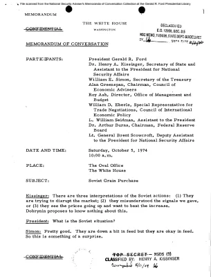 October 5, 1974 - Ford, Kissinger, Simon, Greenspan, Ash, Eberle, Seidman, Burns