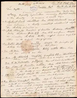 Letter from P. B. Fisk, Heath, to Amos Augustus Phelps, Jan 13. 1838