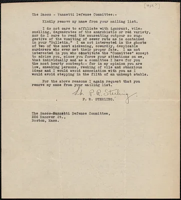 P. R. Sterling typed letter signed to Sacco-Vanzetti Defense Committee, [1928?]