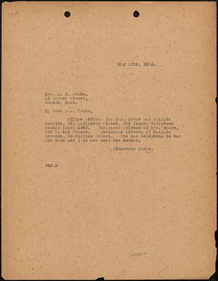 [Fred H. Moore] typed note (copy) to E[lizabeth] G[lendower] Evans, [Boston, Mass.], May 12, 1924