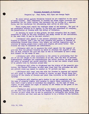 “Proposed Statement of Position” against Barry Goldwater, prepared by Paul Parks, Bill Ryan, and George Sapin