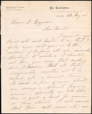 Elizabeth Cady Stanton autograph letter signed to Thomas Wentworth Higginson, New York, 22 May 1868